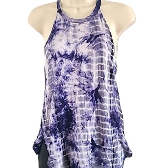 NWOT Wanderlux Women’s Blue White Tie-Dye Sleeveless Halter Tank Top Size Small - Picture 2 of 6